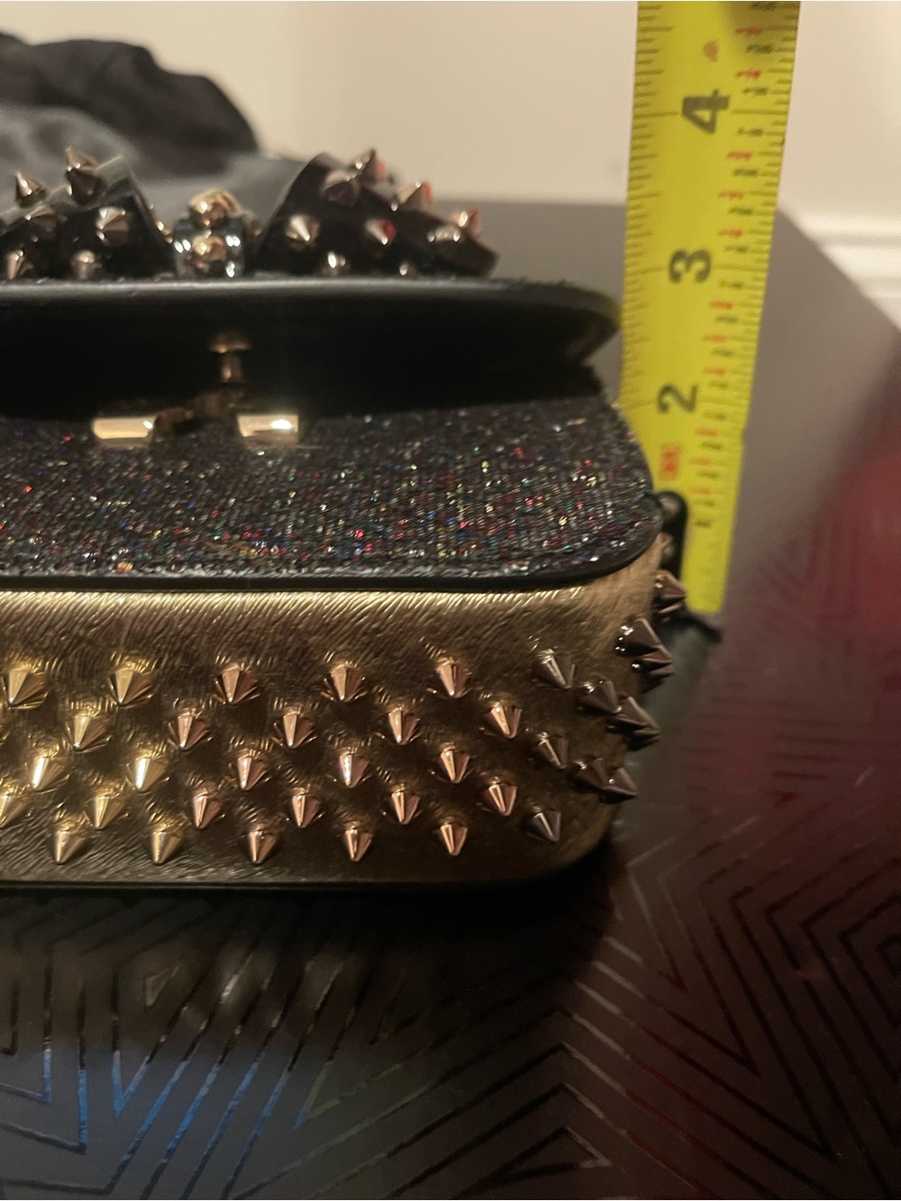 Christian Louboutin Multicolor Tweed Spike-Embellished Crossbody with Gold Chain - Picture 10 of 16